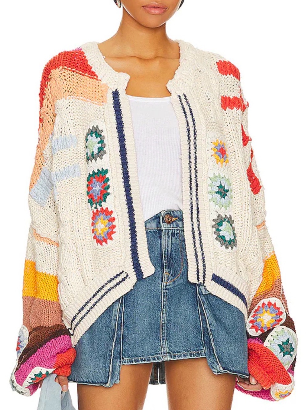 Free People-Clear Skies Cardigan Sweater in Cream Combo-Crochet-XS-Boho